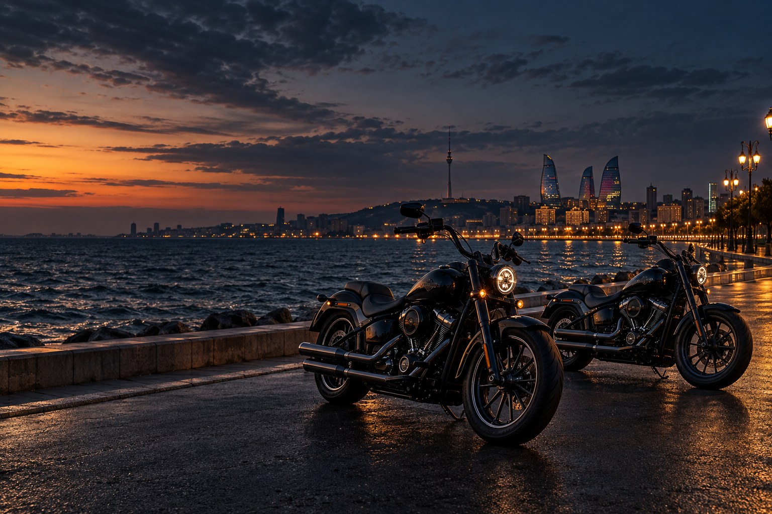 Bakı sahilində cruiser motosikletləri — bədii vizual