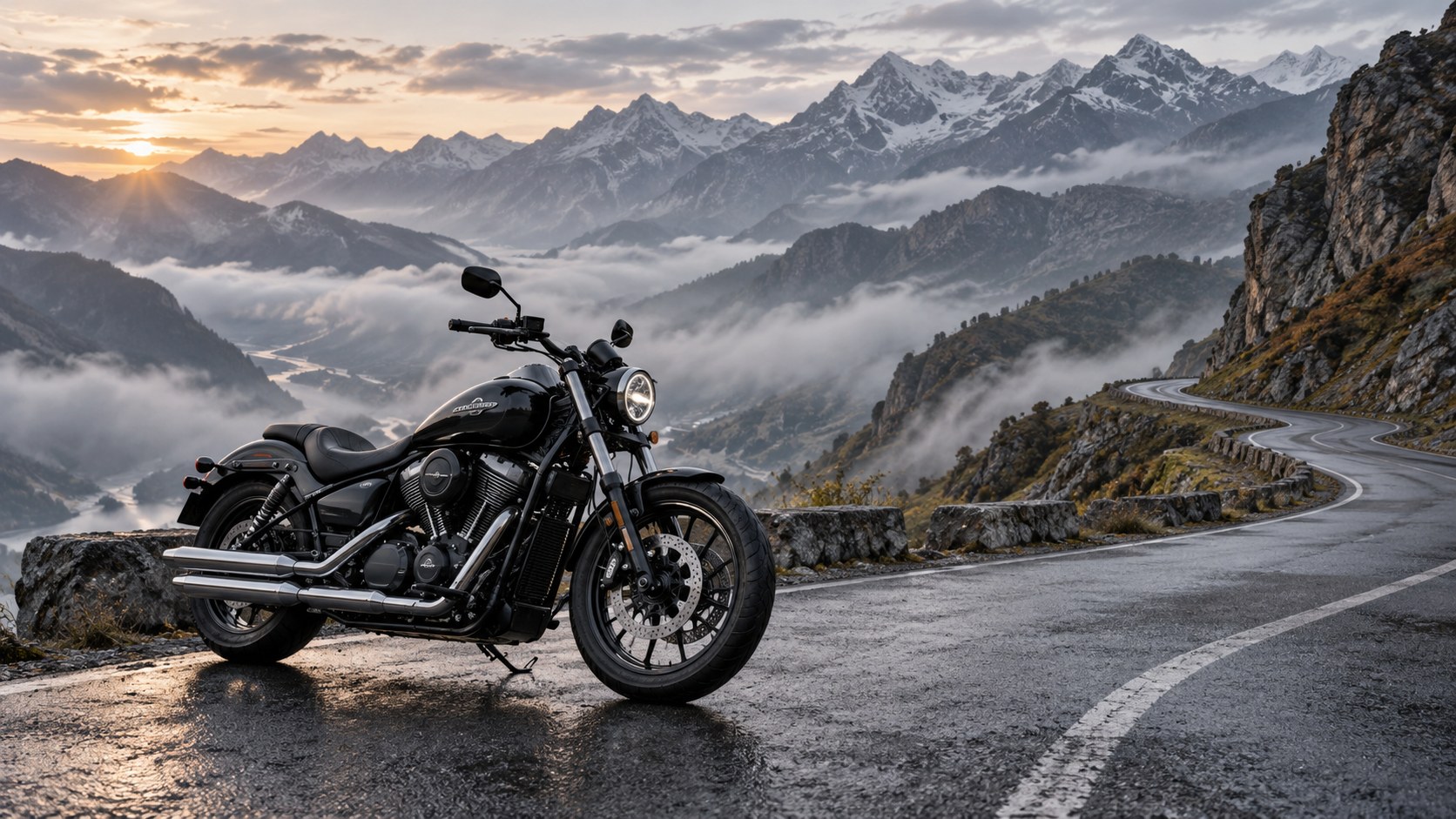 Dağ yolunda cruiser motosikleti — AI vizual